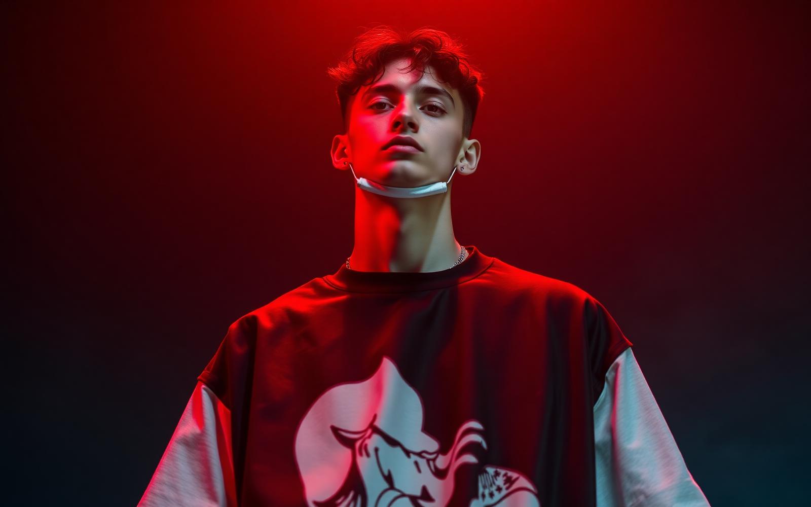 Studio portrait, BurnFake red graphic tee